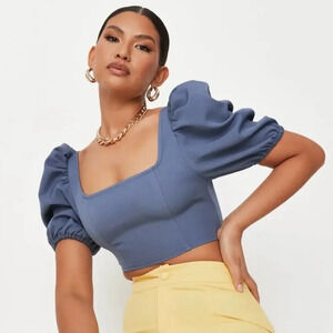 NWT Missguided Blue Puff Sleeve Square Neck Crop Top – Size 14